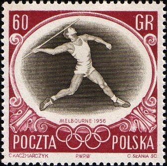 (1956-036) Марка Польша &quot;Метание копья&quot;   XVI Олимпийские игры в Мельбурне II Θ