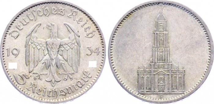 (1934F) Монета Германия 1934 год 5 марок &quot;Кирха в Потсдаме&quot;  Без подписи Серебро Ag 900  XF
