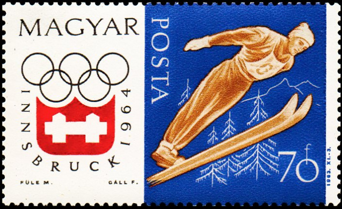 (1963-079) Марка Венгрия &quot;Прыжки с трамплина&quot;    Зимние Олимпийские Игры 1964, Инсбрук II Θ