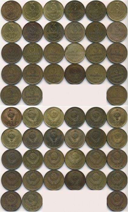 (1961-1991, 3 копейки, 27 монет) Набор монет СССР &quot;61 67-90, 91л, 91м&quot;   VF