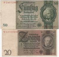 1924-33 2 штуки 20 50 марок Набор банкнот Германия    VF