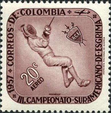 (№1957-825) Марка Колумбия 1957 год &quot;Чемпионат По Фехтованию&quot;, Гашеная