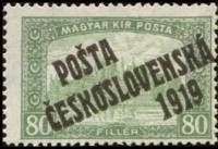 (1919-151) Марка Чехословакия "Здание парламента (Зеленая)"    Марки Австрии и Венгрии, с черной или