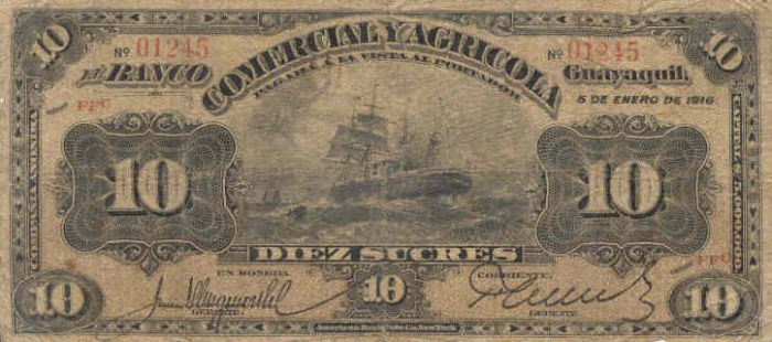 (№1916P-S128b) Банкнота Эквадор 1916 год &quot;10 Sucres&quot;