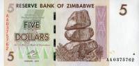 Банкнота Зимбабве 2007 год 5 долларов Балансирующие скалы   UNC