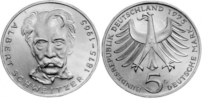 (1975G) Монета Германия (ФРГ) 1975 год 5 марок &quot;Альберт Швейцер&quot;  Серебро Ag 625  UNC