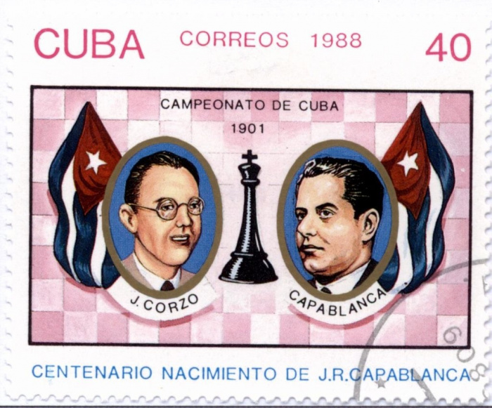 (1988-052) Марка Куба &quot;Х. Корсо и Р. Капабланка&quot;    100 лет со дня рождения Хосе Рауля Капабланки II