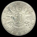 (,) Монета Австрия 1963 год 50 шиллингов   Серебро Ag 900  UNC