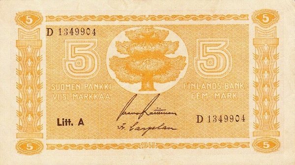 (1945 Litt A) Банкнота Финляндия 1945 год 5 марок  Raittinen - Carpelan  UNC