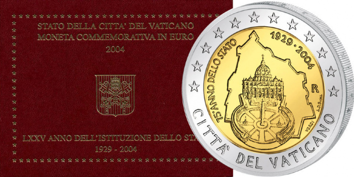 (01) Монета Ватикан 2004 год 2 евро &quot;75 лет образования Государства Ватикан&quot;  Биметалл  Буклет