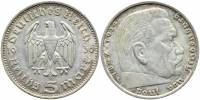 1936f Монета Германия 1936 год 5 марок Пауль Гинденбург Без свастики Серебро Ag 900  XF