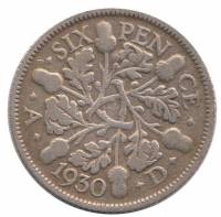 (1930) Монета Великобритания 1930 год 6 пенсов "Георг V"  Серебро Ag 500  UNC