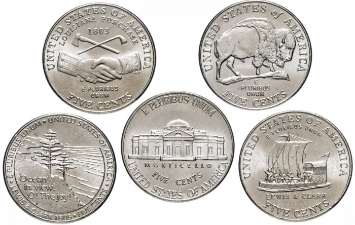 (5 монет по 5 центов) Набор монет США 2004-2005 год &quot;Экспедиция Льюиса и Кларка 200 лет&quot;   UNC