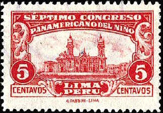 (№1930-236) Марка Перу 1930 год &quot;6-й панамериканский конгресс по вопросам благосостояния детей&quot;, Гаш