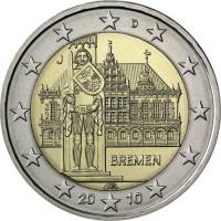 (007) Монета Германия (ФРГ) 2010 год 2 евро "Бремен" Двор J Биметалл  UNC