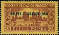 (1959-033) Марка Польша "Надпеч. BALPEX I - GDANSK 1959 на марке 1954-040"   Выставка марок BALPEX I