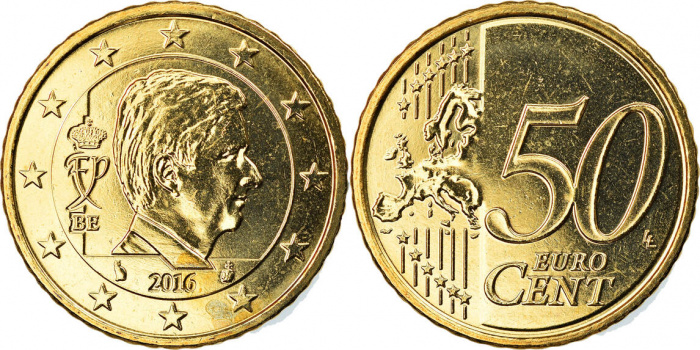 (2016) Монета Бельгия 2016 год 50 центов  5 тип. с МД, король Филипп Латунь  UNC