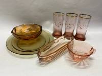 Бокалы стаканы 3 шт, тарелка, чашка и салатник, цветное стекло