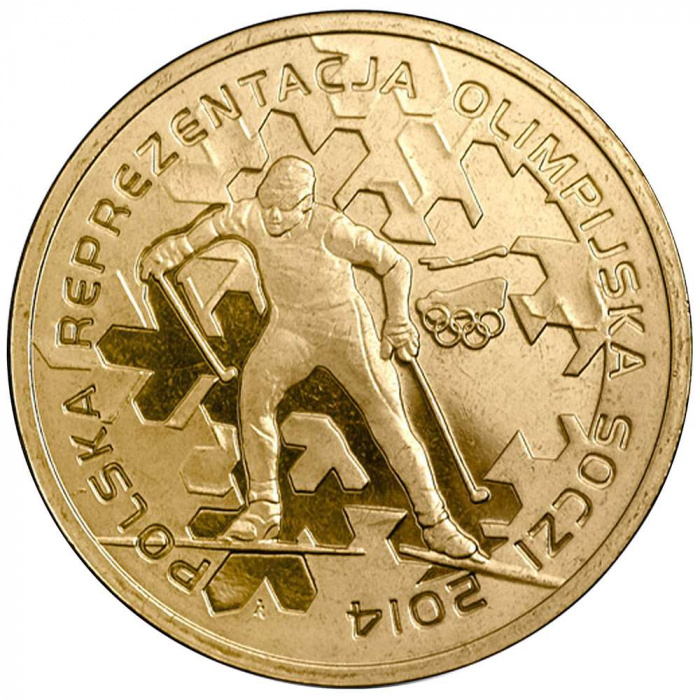 (257) Монета Польша 2014 год 2 злотых &quot;Польская команда на Олимпийских играх в Сочи&quot;  Латунь  UNC