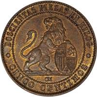 (№1870km662) Монета Испания 1870 год 5 Ceacute;ntimos