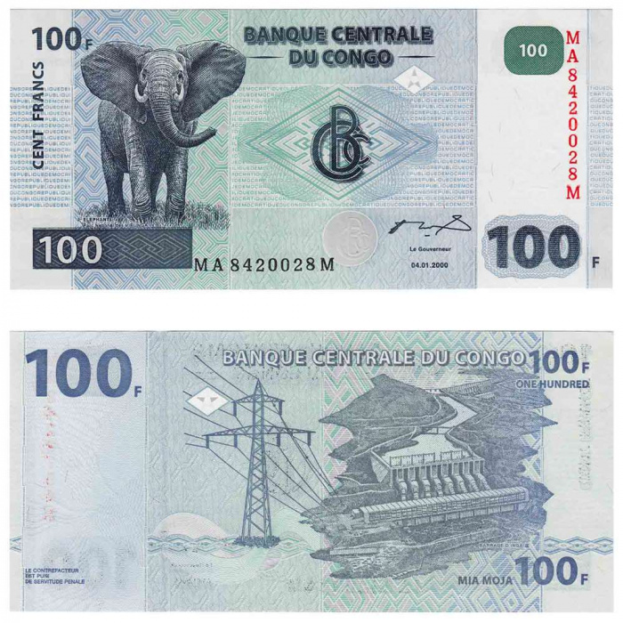 (2000) Банкнота Дем Республика Конго 2000 год 100 франков &quot;Слон&quot;   UNC