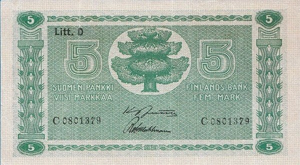 (1939 Litt D) Банкнота Финляндия 1939 год 5 марок  Jutila - Wahlman  UNC