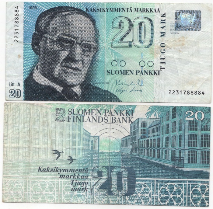(1993 Litt A) Банкнота Финляндия 1993 год 20 марок &quot;Вяйнё Линна&quot; Vanhala - Levo  VF