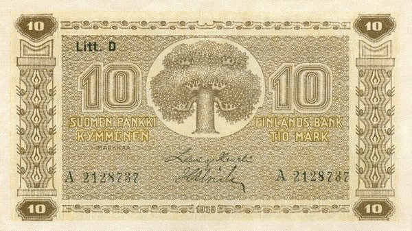 (1939 Litt D) Банкнота Финляндия 1939 год 10 марок  Heurlin - Alsiala  UNC