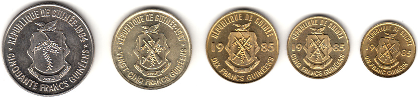 Набор монет  Гвинея  (5 монеты) 1985 - 1994 годы, 1, 5, 10, 25 и 50 франков, AU