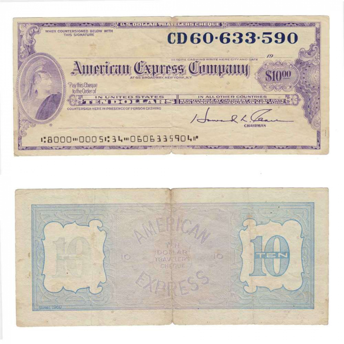 Чек Американ Экспресс Компани 1960 год 10 долларов, VF