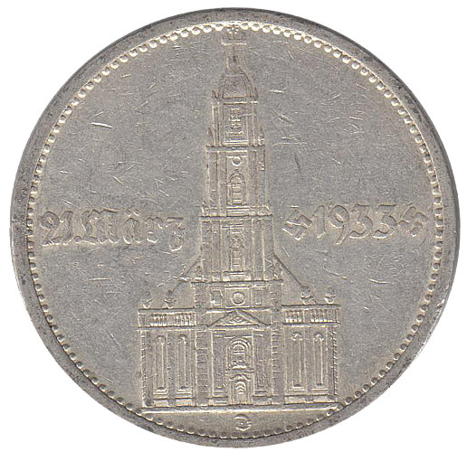 (1934d) Монета Германия 1934 год 5 марок &quot;Кирха в Потсдаме&quot;  Без подписи Серебро Ag 900  VF