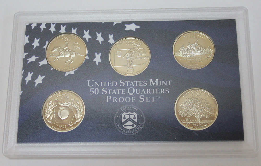 (1999s, 5 монет по 25 центов) Набор монет США 1999 год &quot;Штаты&quot; Годовой набор  PROOF Буклет незн повр