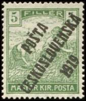 (1919-141) Марка Чехословакия "Жнец (Зеленая)"    Марки Австрии и Венгрии, с черной или синей печать