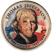 03d Монета США 2007 год 1 доллар Томас Джефферсон  Вариант №2 Латунь  COLOR. Цветная