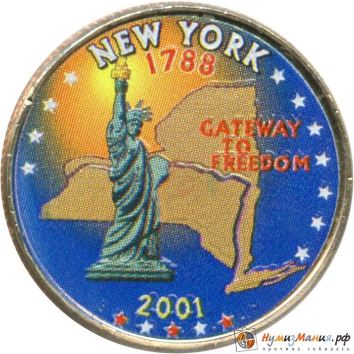 (011d) Монета США 2001 год 25 центов &quot;Нью-Йорк&quot;  Вариант №1 Медь-Никель  COLOR. Цветная