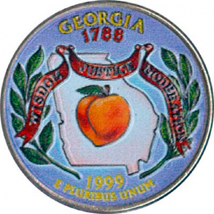 (004d) Монета США 1999 год 25 центов &quot;Джорджия&quot;  Вариант №1 Медь-Никель  COLOR. Цветная