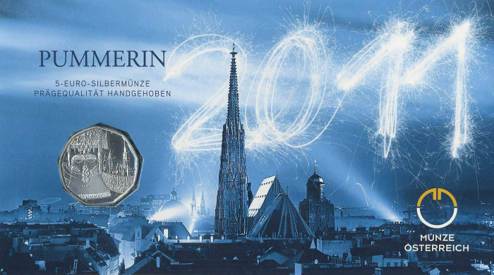 (017) Монета Австрия 2010 год 5 евро &quot;Колокол Пуммерин&quot;  Серебро Ag 800  Буклет