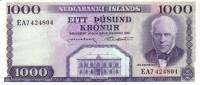(Nordal Hjartarson) Банкнота Исландия 1961 год 1 000 крон "Йоун Сигурдссон"   UNC