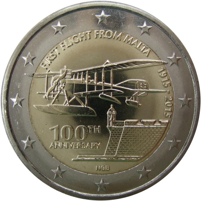 (008) Монета Мальта 2015 год 2 евро &quot;100 лет первому авиаполёту с Мальты&quot;  Биметалл  UNC