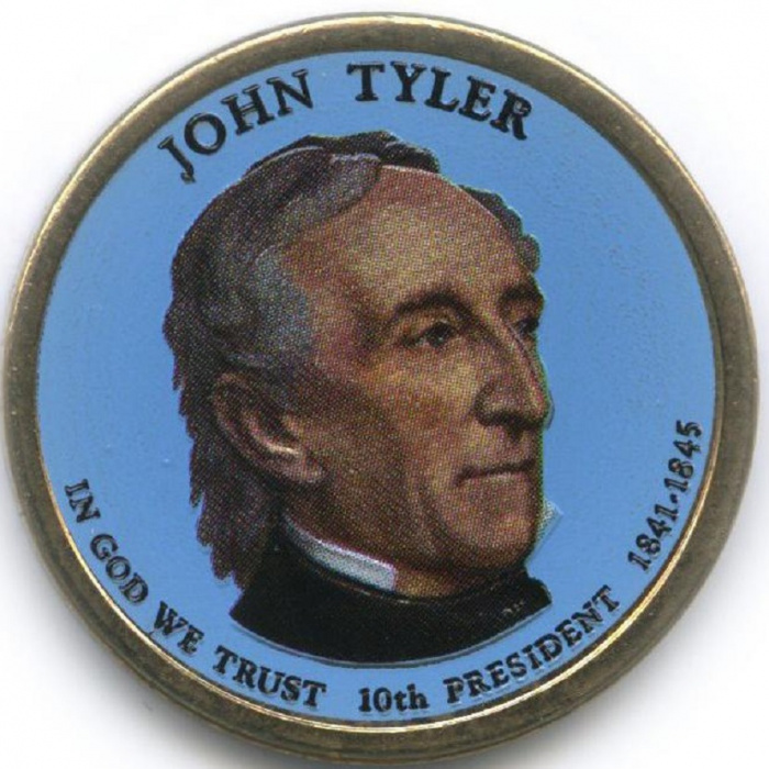 (10p) Монета США 2009 год 1 доллар &quot;Джон Тайлер&quot;  Вариант №1 Латунь  COLOR. Цветная