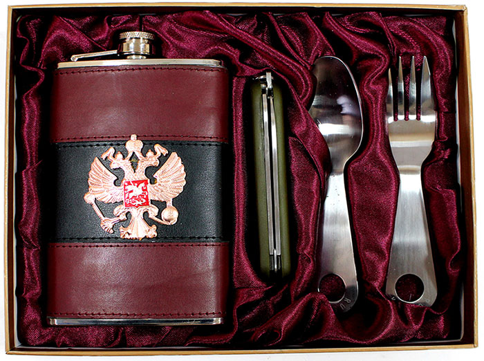 Подарочный набор &quot;Best gift of Russia&quot; (Фляга, ложка, вилка и складной ножик) В подарочной упаковке