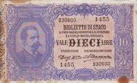 (№1911P-20d) Банкнота Италия 1911 год "10 Lire (Effigy of Umberto I)" (Подписи: Dell'Ara and Altamur