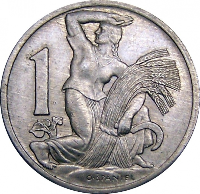 (1924) Монета Чехословакия 1924 год 1 крона &quot;Крестьянка&quot;  Медь-Никель  UNC