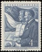 (1951-056) Марка Чехословакия "К. Готвальд и И. Сталин (Синяя)"    Месяц Чехословацко-Советской друж