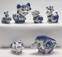 Статуэтки фигурки мини 6 штук бык корова коза ослик свинья кабан гжель высота 3,5-7 см