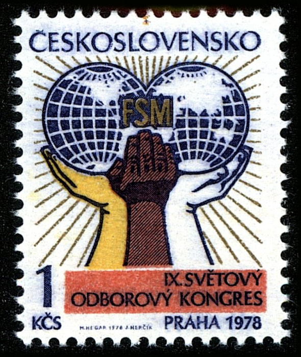 (1978-013) Марка Чехословакия &quot;Руки и земной шар&quot; ,  III Θ