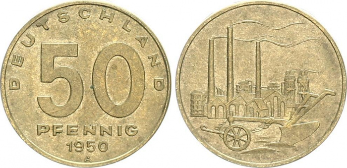 (1950A) Монета Германия (ГДР) 1950 год 50 пфеннингов &quot;Индустриальная панорама&quot;  Бронза  VF