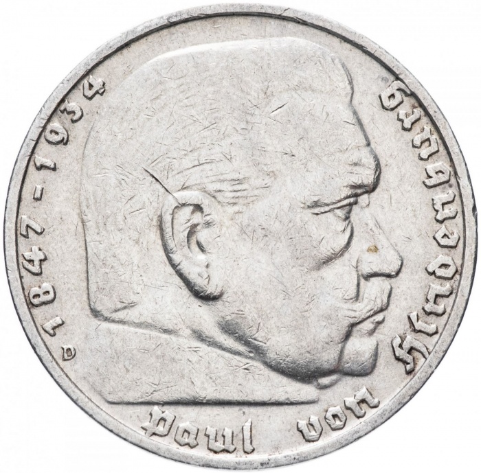 1935d Монета Германия 1935 год 5 марок Пауль Гинденбург Без свастики Серебро Ag 900  XF