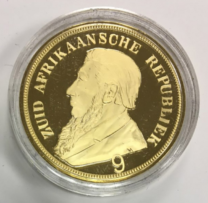 (Реплика) Монета ЮАР (Южная Африка) 1898 год 1 фунт &quot;Фунт ЮАР Single 9&quot;  Золочение  PROOF