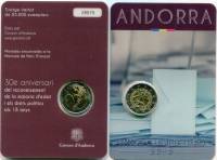 (02) Монета Андорра 2015 год 2 евро "Закон о совершеннолетии 30 лет"  Биметалл  Блистер
